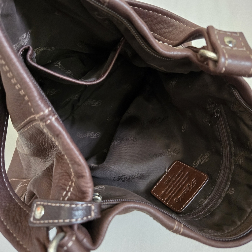 Fossil Brown Pebbled Leather Shoulder Bag Purse - Picture 8 of 11